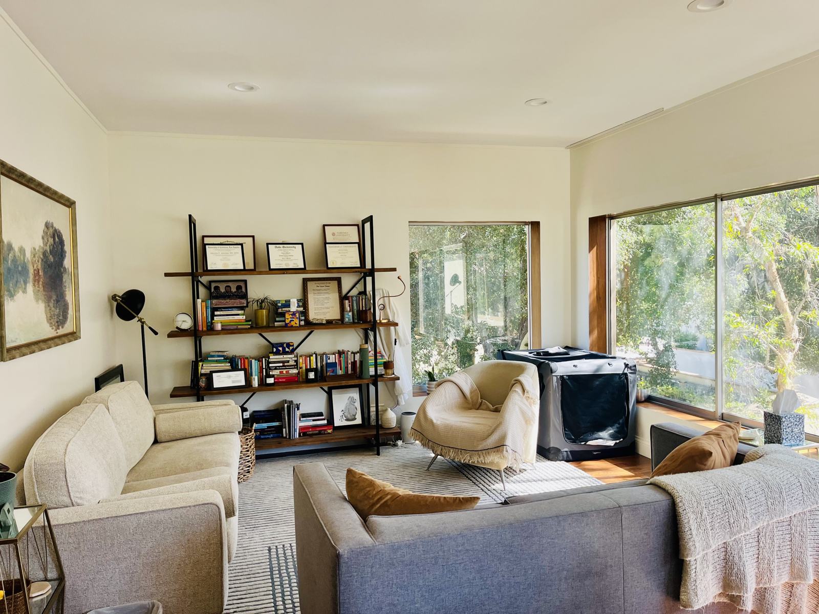 Meredith Murdock's Pasadena therapy office: soft couches, bookshelves, and big windows full of trees